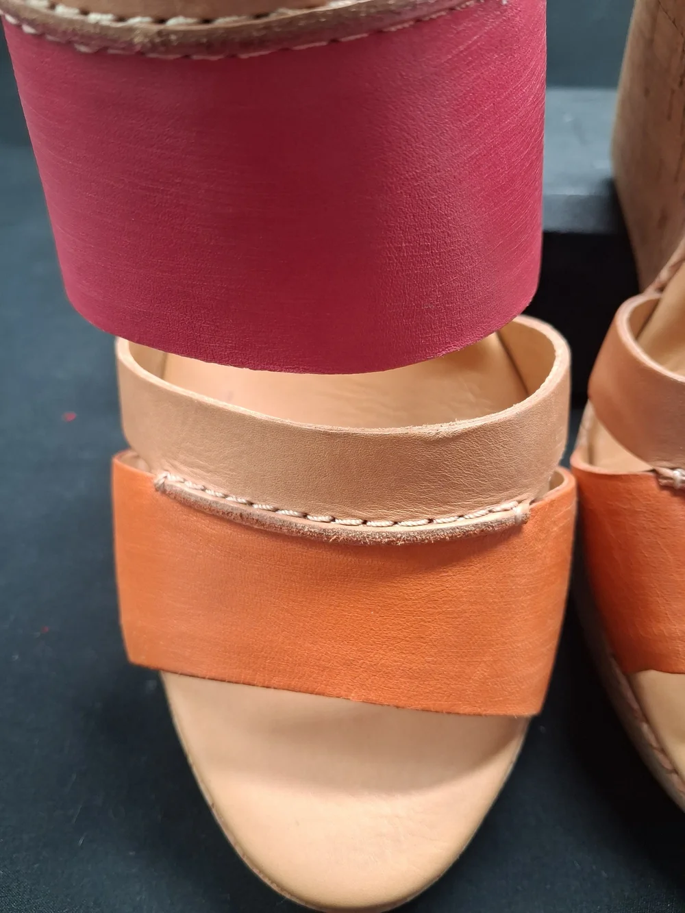 Kork-Ease Pink and Orange Cork Wedge Slide Sandals